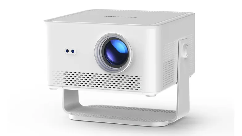 A left-angled view of a white cube-shaped Magcubic smart projector on its integrated U-shaped stand A left-angled view of a white cube-shaped Magcubic smart projector on its integrated U-shaped stand