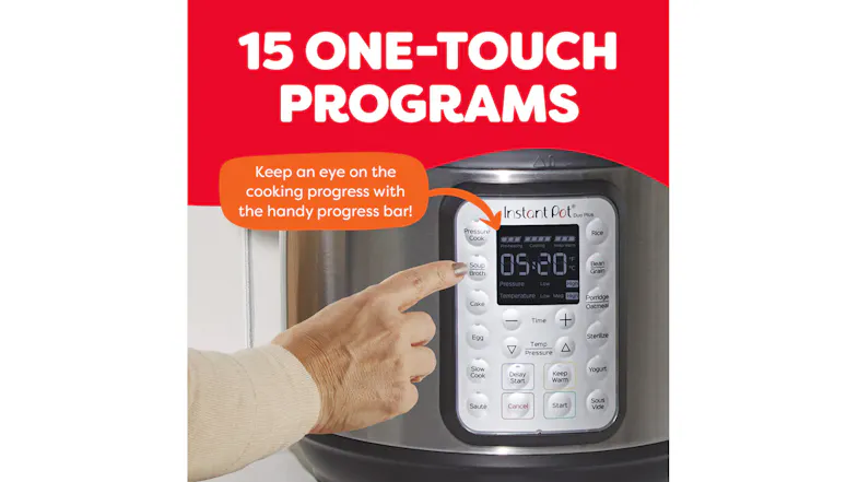 Promotional graphic showing “15 one-touch programs” with a hand pressing buttons on the Instant Pot control panel Promotional graphic showing “15 one-touch programs” with a hand pressing buttons on the Instant Pot control panel