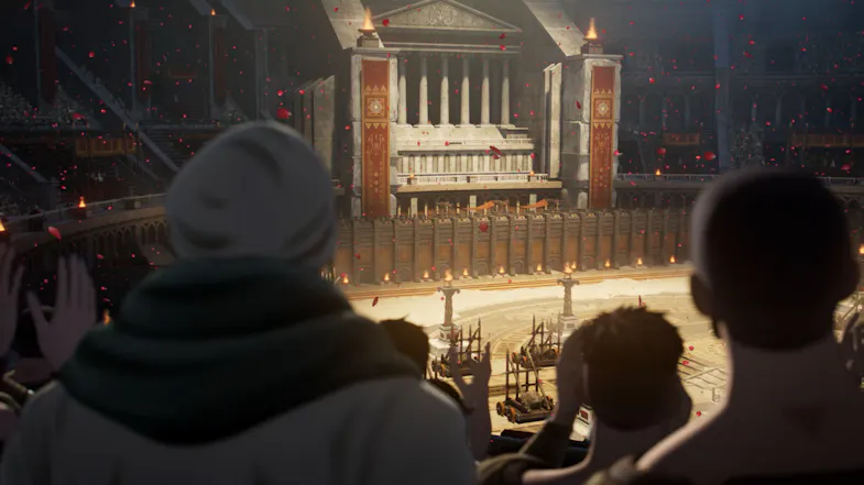 Game scene featuring a crowd looking toward a large building Game scene featuring a crowd looking toward a large building