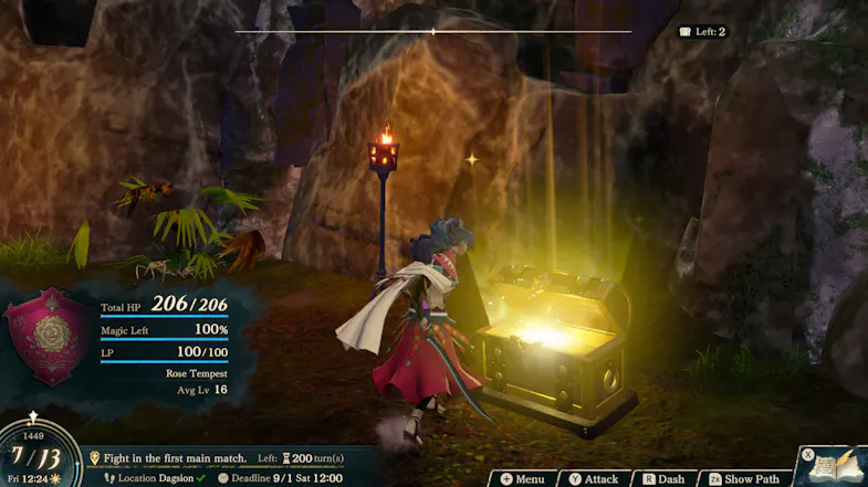 Game scene featuring a character approaching a glowing chest Game scene featuring a character approaching a glowing chest