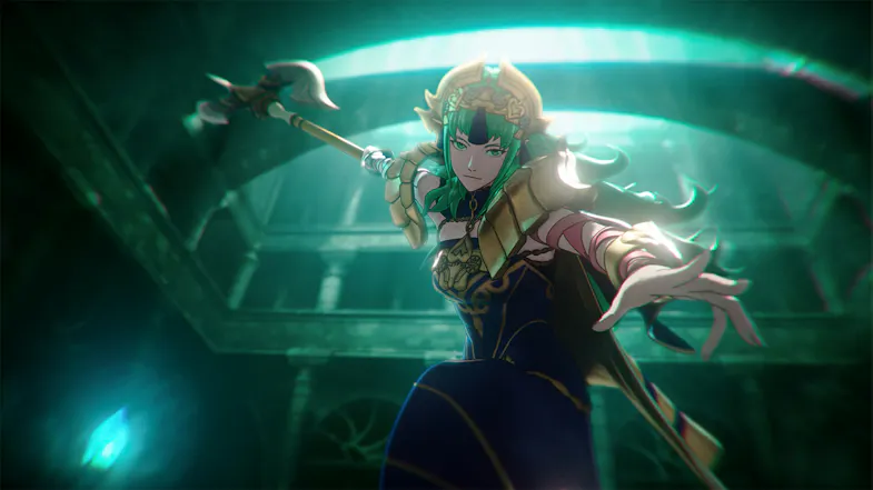 Game scene featuring a character casting green magic Game scene featuring a character casting green magic