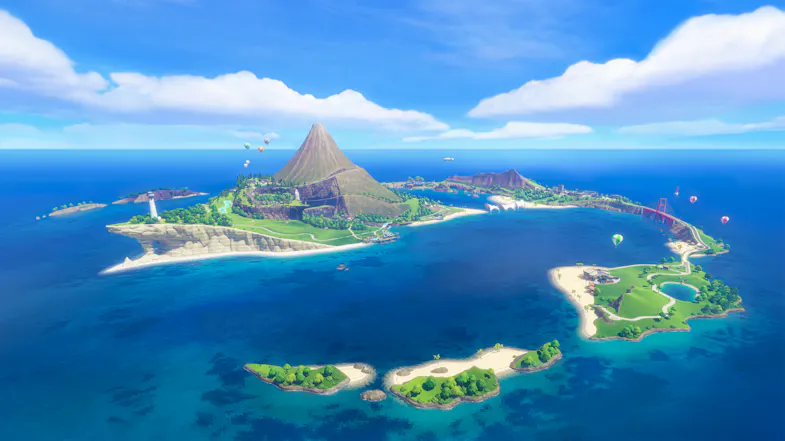 Game scene featuring a tropical resort island Game scene featuring a tropical resort island