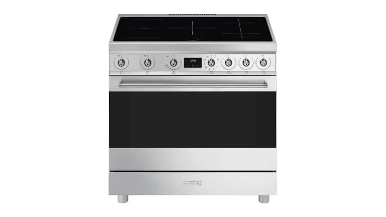 Front view of a stainless steel Smeg Classic 90cm freestanding oven with a 5-zone induction cooktop, digital display, control knobs, and a glass-ceramic cooktop Front view of a stainless steel Smeg Classic 90cm freestanding oven with a 5-zone induction cooktop, digital display, control knobs, and a glass-ceramic cooktop
