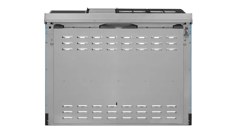 Back panel of blue SMEG double oven range with stainless steel finish and multiple ventilation openings Back panel of blue SMEG double oven range with stainless steel finish and multiple ventilation openings