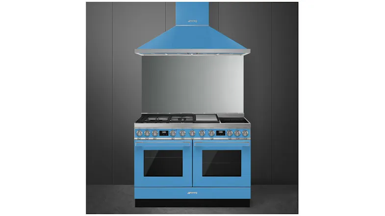 Modern blue range cooker with double ovens, gas burners, and a stainless steel hood in a minimalist kitchen setting Modern blue range cooker with double ovens, gas burners, and a stainless steel hood in a minimalist kitchen setting