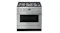 A front view of the Smeg Portofino freestanding dual fuel oven with 6 burner gas cooktops in stainless steel finish A front view of the Smeg Portofino freestanding dual fuel oven with 6 burner gas cooktops in stainless steel finish