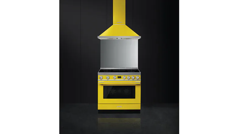 Smeg freestanding induction cooker beneath a sleek stainless steel rangehood in a contemporary kitchen setup Smeg freestanding induction cooker beneath a sleek stainless steel rangehood in a contemporary kitchen setup