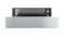 Partially open stainless steel Smeg warming drawer showing empty interior and a control knob on the right side Partially open stainless steel Smeg warming drawer showing empty interior and a control knob on the right side