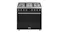 Front view of a black Smeg Classic 90cm dual fuel freestanding oven with a 6-burner gas cooktop, knobs, and oven door Front view of a black Smeg Classic 90cm dual fuel freestanding oven with a 6-burner gas cooktop, knobs, and oven door