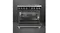 Open oven showing interior racks, tray, and rear fan, with control knobs and cooktop above Open oven showing interior racks, tray, and rear fan, with control knobs and cooktop above