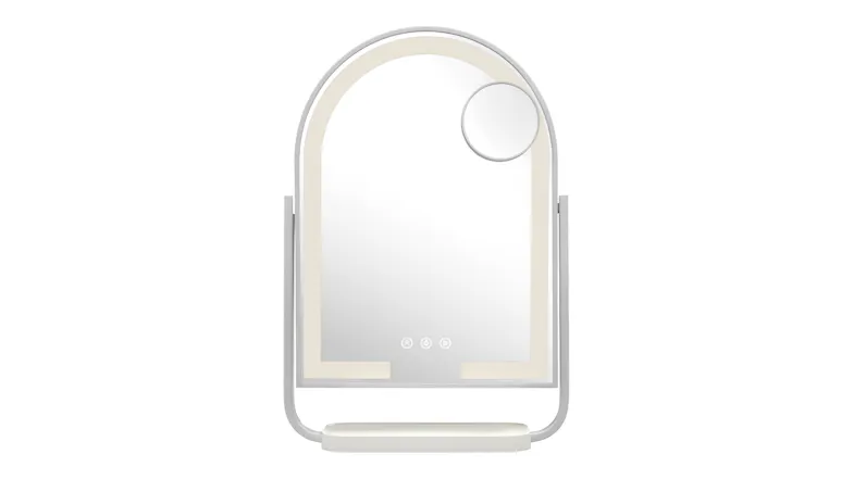 Front view of the cordless mirror featuring a bright white light frame Front view of the cordless mirror featuring a bright white light frame