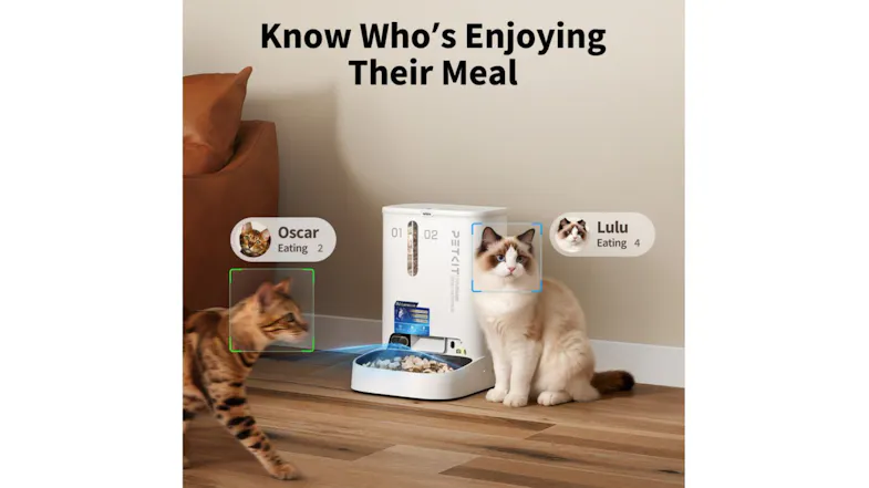 Two different cats near an automatic feeder with AI facial recognition boxes showing their names Two different cats near an automatic feeder with AI facial recognition boxes showing their names