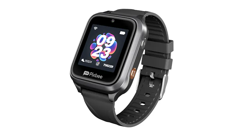 Three-quarter view of the smartwatch showing a purple clock interface Three-quarter view of the smartwatch showing a purple clock interface
