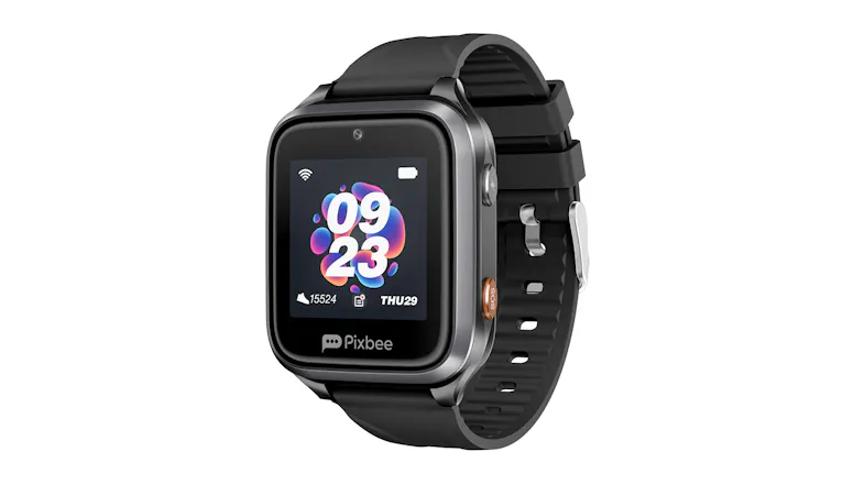 Three-quarter view of the Pixbee smartwatch with a black textured band Three-quarter view of the Pixbee smartwatch with a black textured band