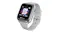 Three-quarter view of the smartwatch showing a purple clock interface Three-quarter view of the smartwatch showing a purple clock interface