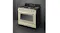 A left-angled view of a cream Smeg Victoria gas freestanding range cooker standing against a dark grey wall A left-angled view of a cream Smeg Victoria gas freestanding range cooker standing against a dark grey wall