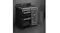 Angled view of a black Smeg cooker with its tall right-hand oven door swung completely open to reveal wire shelving Angled view of a black Smeg cooker with its tall right-hand oven door swung completely open to reveal wire shelving