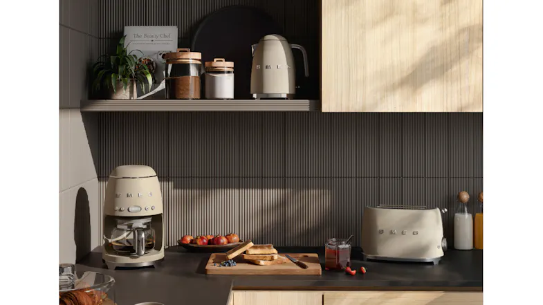 A view of a kettle, toaster, and coffee maker in matte moonlight displayed beautifully on a kitchen countertop A view of a kettle, toaster, and coffee maker in matte moonlight displayed beautifully on a kitchen countertop