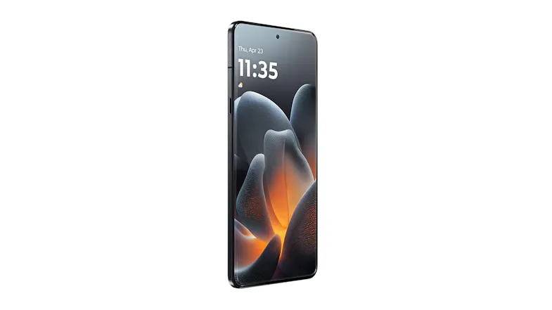 Angled front-left view of the smartphone showing an abstract wallpaper Angled front-left view of the smartphone showing an abstract wallpaper