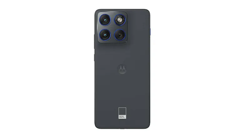 Rear view of the Edge 70 in grey, featuring a square camera module with four lenses and a centred Motorola logo Rear view of the Edge 70 in grey, featuring a square camera module with four lenses and a centred Motorola logo