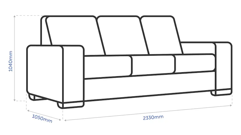 Sofa dimension diagram showing width 2330mm, depth 1050mm, and height 1040mm Sofa dimension diagram showing width 2330mm, depth 1050mm, and height 1040mm