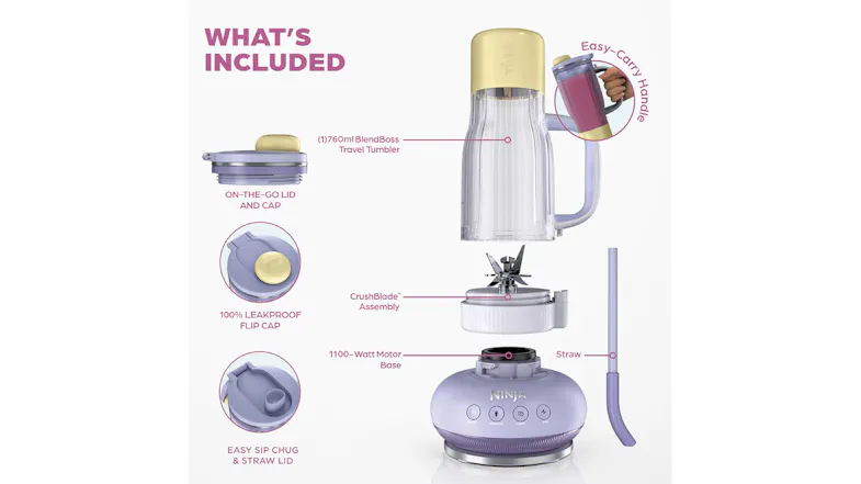 Deconstructed view of the blender with labelled accessories and parts Deconstructed view of the blender with labelled accessories and parts