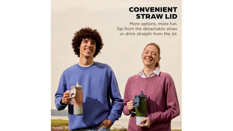 Promo graphic showcasing two people smiling while holding their travel mugs Promo graphic showcasing two people smiling while holding their travel mugs