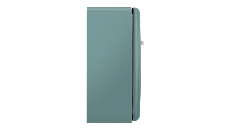 Side view of an Emerald green retro SMEG refrigerator showing a smooth panel and curved door edge Side view of an Emerald green retro SMEG refrigerator showing a smooth panel and curved door edge