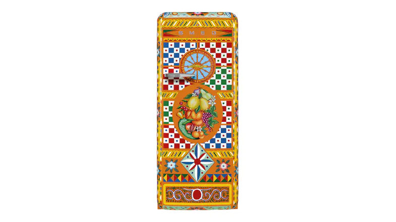 Colourful SMEG appliance with Italian-style patterns, a fruit motif, and a retro rotary dial Colourful SMEG appliance with Italian-style patterns, a fruit motif, and a retro rotary dial