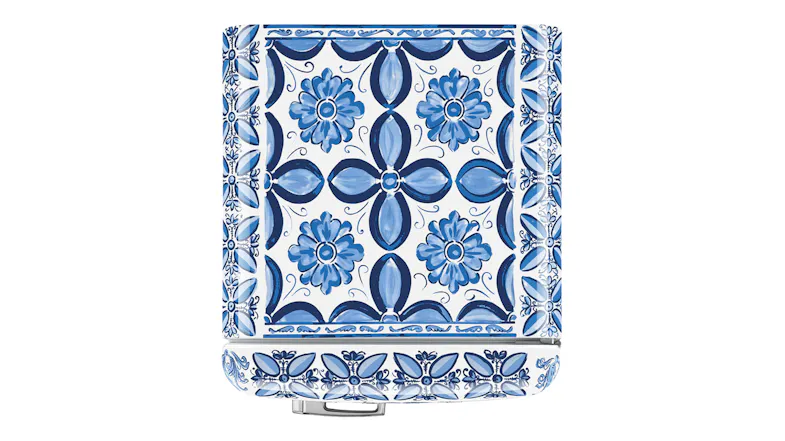 Blue-and-white tile-patterned refrigerator door with geometric and floral motifs and a central scenic illustration Blue-and-white tile-patterned refrigerator door with geometric and floral motifs and a central scenic illustration