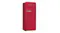 Three-quarter left view of a red SMEG retro refrigerator with a chrome handle Three-quarter left view of a red SMEG retro refrigerator with a chrome handle