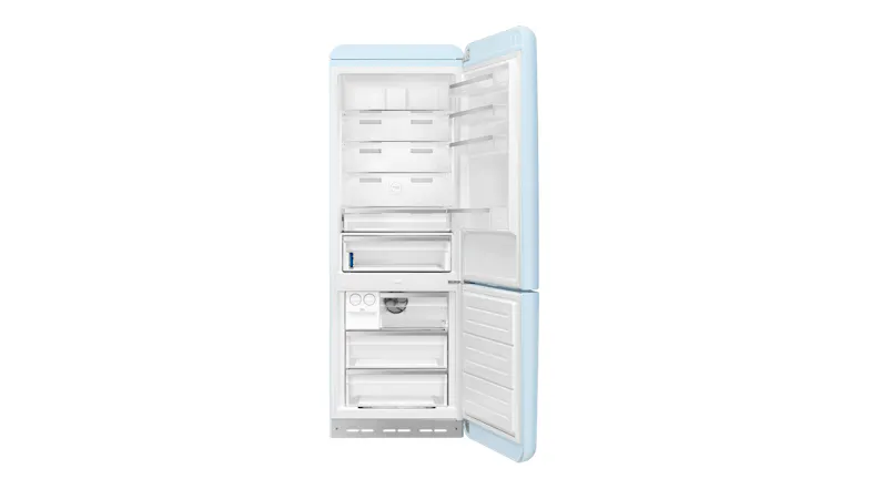 A front view of the pastel blue retro Smeg refrigerator fully open, showing all empty shelves A front view of the pastel blue retro Smeg refrigerator fully open, showing all empty shelves