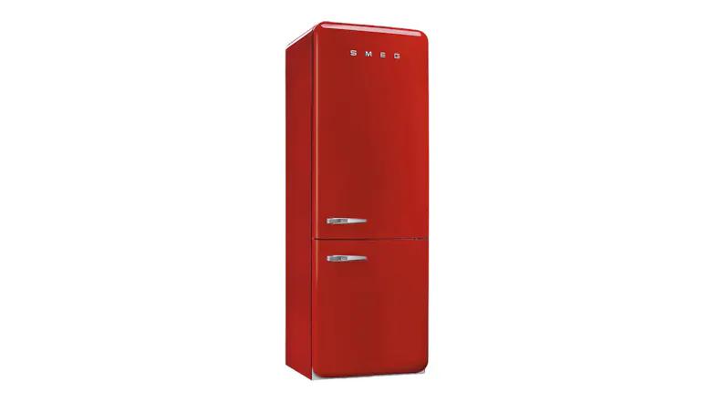 An angled front view of a closed Smeg 50s style bottom mount fridge freezer An angled front view of a closed Smeg 50s style bottom mount fridge freezer