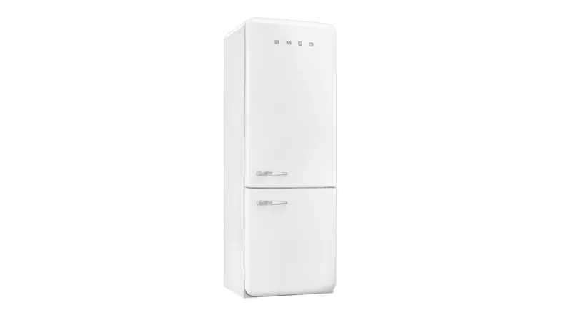 A right-angled front view of a closed white retro Smeg refrigerator A right-angled front view of a closed white retro Smeg refrigerator