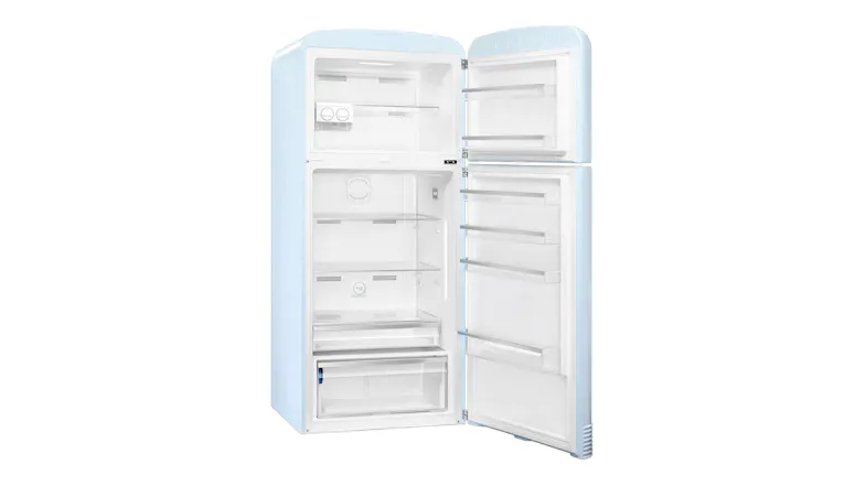 Angled view of an open pastel blue Smeg refrigerator showing white shelves, door storage, and lower drawers Angled view of an open pastel blue Smeg refrigerator showing white shelves, door storage, and lower drawers