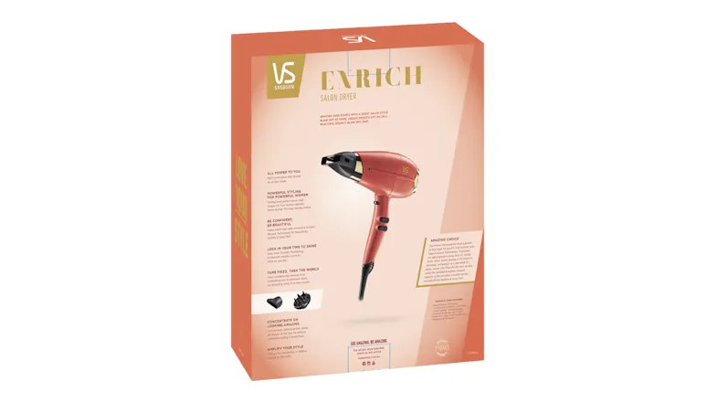 Rear view of the hair dryer box with detailed specifications Rear view of the hair dryer box with detailed specifications