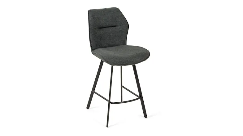 Charcoal fabric bar stool with a curved, cushioned backrest and four slim black metal legs Charcoal fabric bar stool with a curved, cushioned backrest and four slim black metal legs