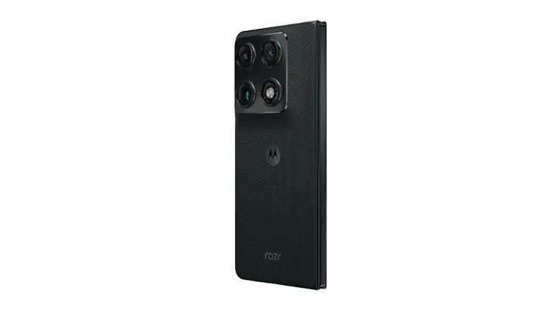 Angled right rear view of the Motorola Razr showcasing the textured finish Angled right rear view of the Motorola Razr showcasing the textured finish