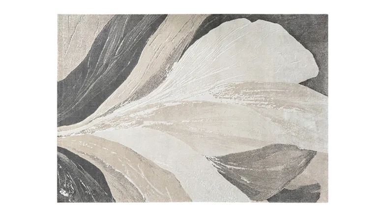 A rectangle, abstract Forme Flourish Rug in neutral grey and beige tones A rectangle, abstract Forme Flourish Rug in neutral grey and beige tones