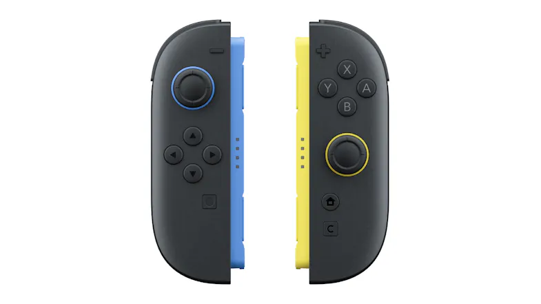 Close-up front view of matching black gaming controllers with blue and yellow side accents Close-up front view of matching black gaming controllers with blue and yellow side accents