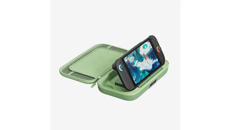 Angled view of console propped inside case featuring kickstand Angled view of console propped inside case featuring kickstand