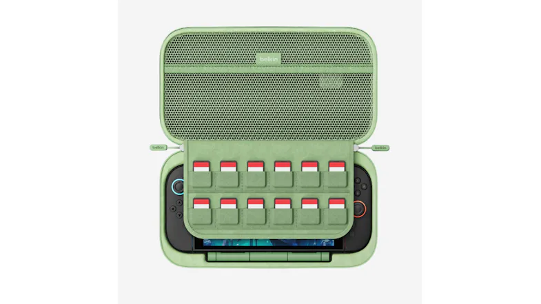 Top-down view of an open case showcasing cartridge slots Top-down view of an open case showcasing cartridge slots