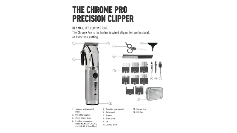 ConairMAN Chrome Pro precision clipper with guide combs, scissors, charger, and storage case components ConairMAN Chrome Pro precision clipper with guide combs, scissors, charger, and storage case components