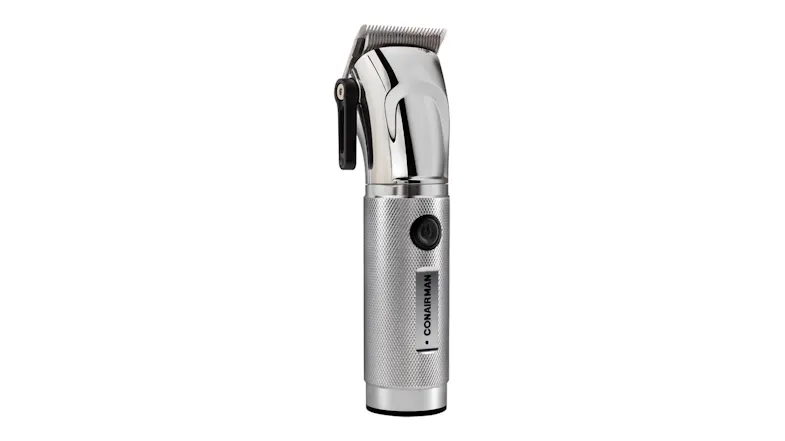 Silver ConairMAN rechargeable hair clipper featuring a taper lever and precision cutting blade Silver ConairMAN rechargeable hair clipper featuring a taper lever and precision cutting blade