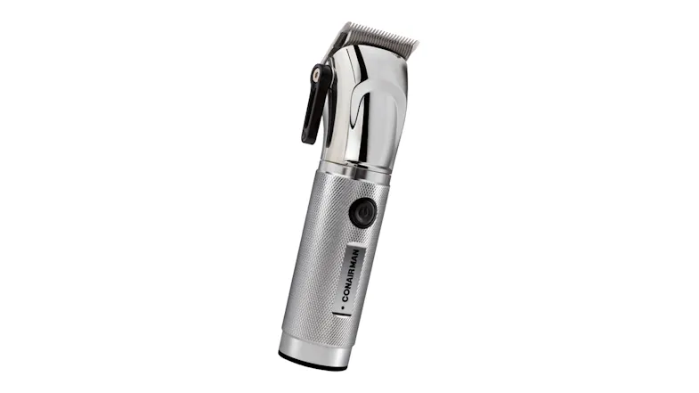 Angled view of the ConairMAN cordless hair clipper with stainless steel blades and textured metal grip Angled view of the ConairMAN cordless hair clipper with stainless steel blades and textured metal grip