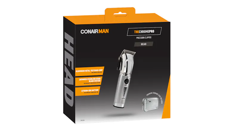 Box packaging for ConairMAN Chrome Pro hair clipper with lithium-ion battery and stainless steel blades Box packaging for ConairMAN Chrome Pro hair clipper with lithium-ion battery and stainless steel blades
