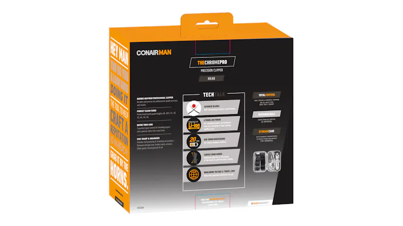 Back view of the ConairMAN Chrome Pro clipper box displaying features, specifications, and included accessories Back view of the ConairMAN Chrome Pro clipper box displaying features, specifications, and included accessories