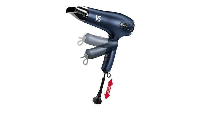 An infographic that showcases how the hair dryer's cord retracts and how its handle can be folded up An infographic that showcases how the hair dryer's cord retracts and how its handle can be folded up