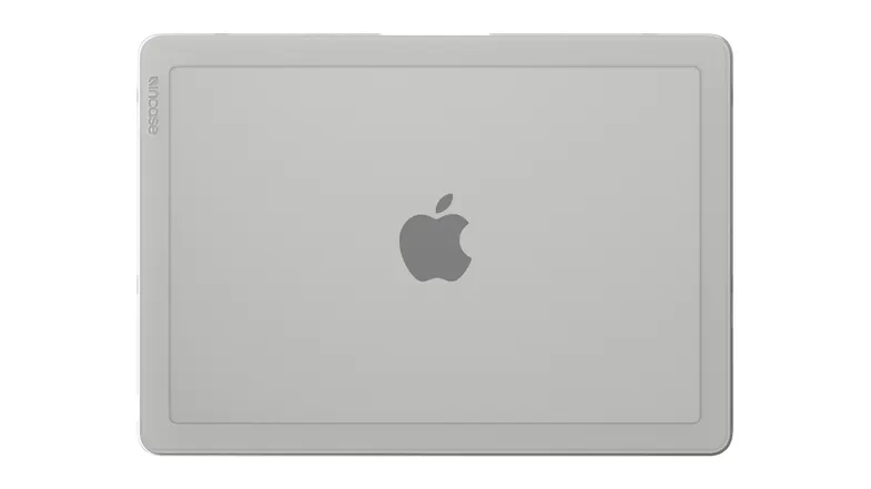 Top-down view of a laptop case with a central logo cutout Top-down view of a laptop case with a central logo cutout