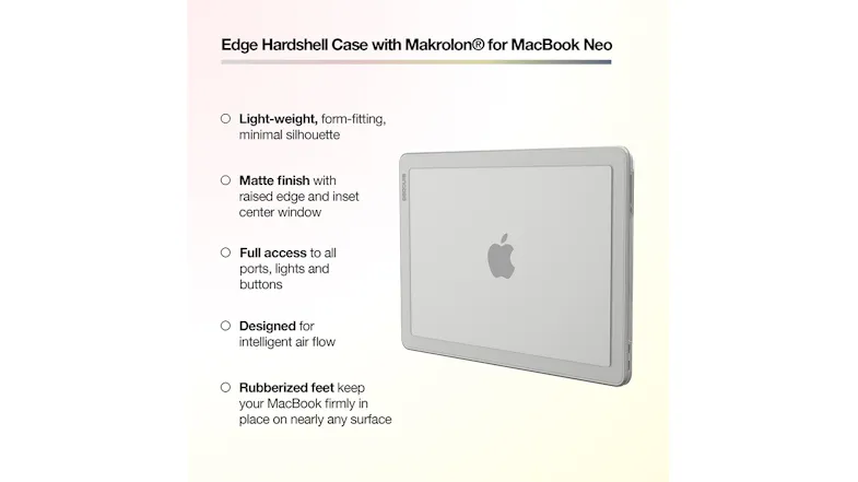 Infographic of the MacBook Neo case with bullet features Infographic of the MacBook Neo case with bullet features